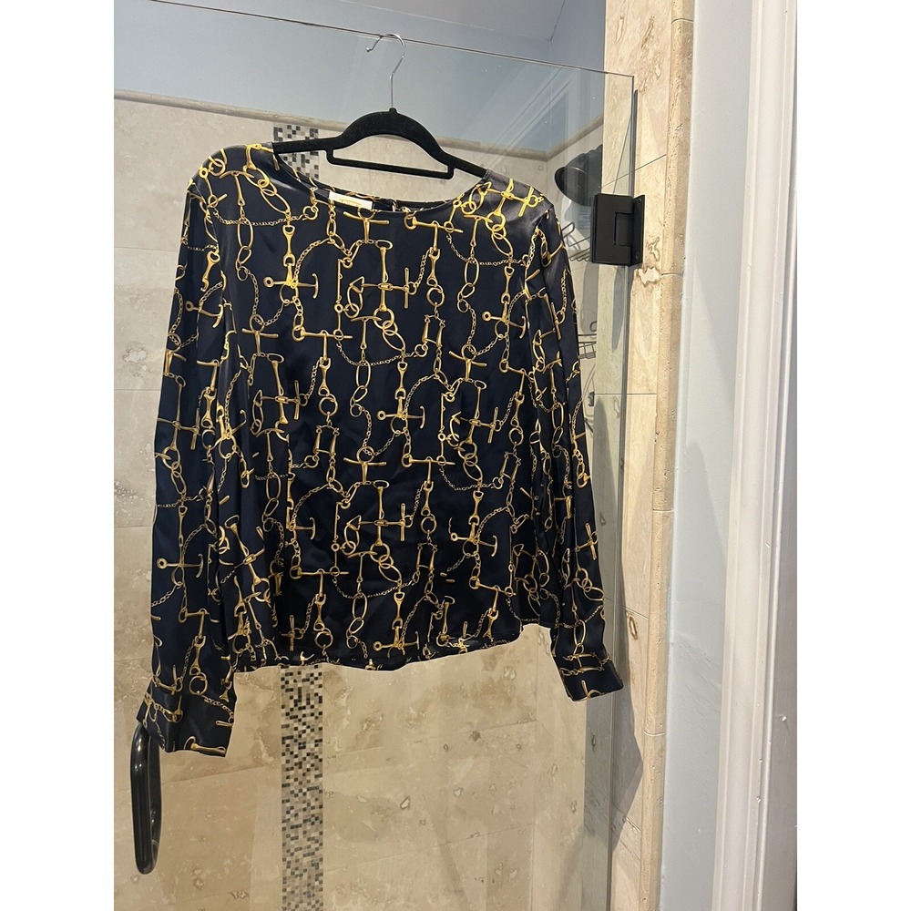 Talbots Women Blue Silk Long Sleeve Blouse 16 Equestrian Gold Chain Print